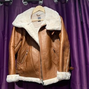 Faux Fur Lined Tan Leather Biker Jacket USA size 8